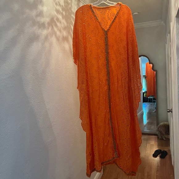 Orange kaftan 100% cotton Laced Boho Chic - Picture 1 of 4